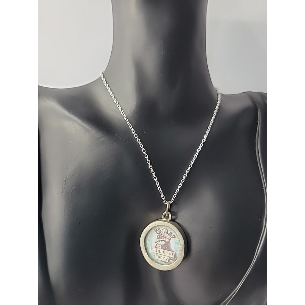 Vintage Indulge Inspirational Pendant Necklace Round Glass Art Charm Silver Tone